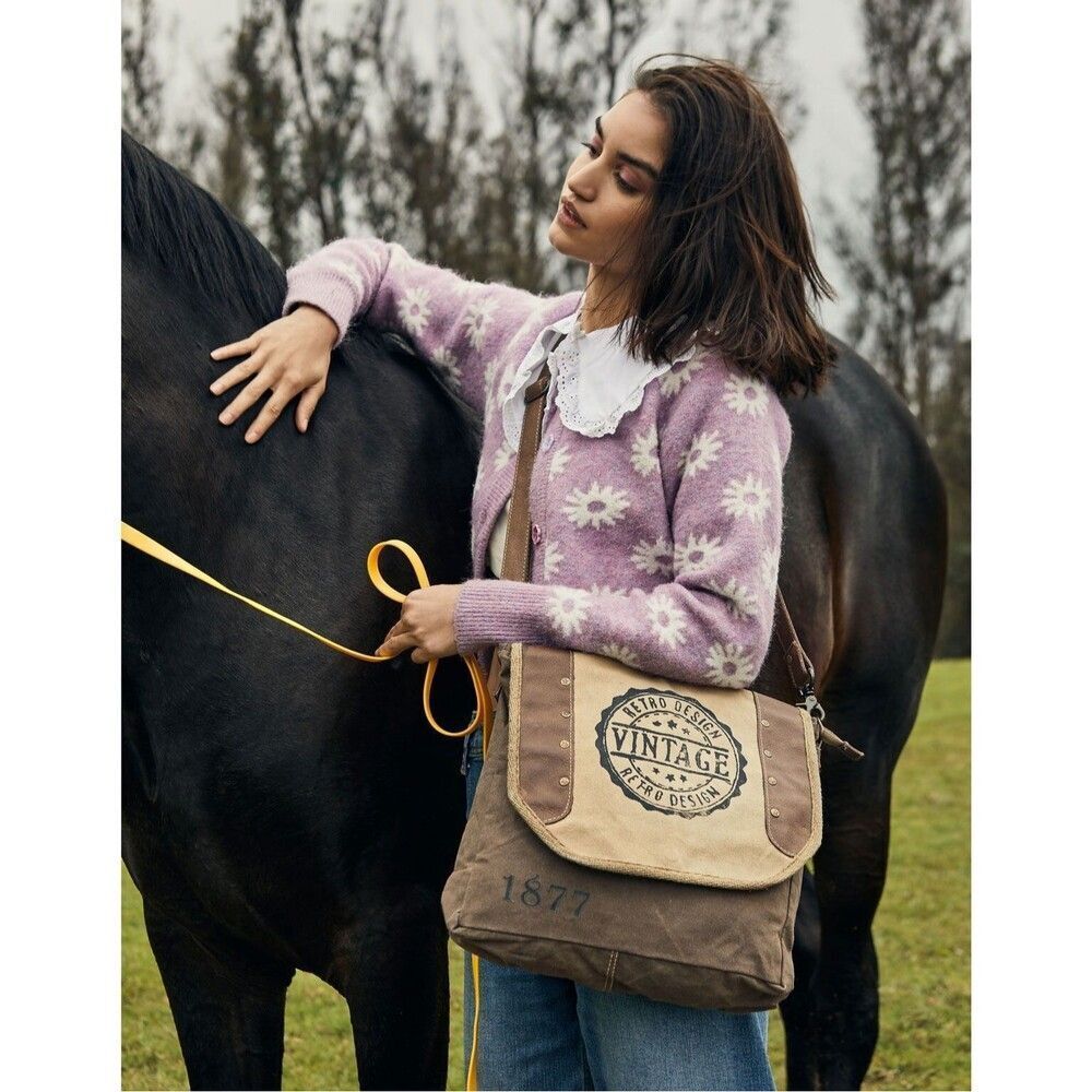 Myra Bag Handmade Vintage Shoulder Bag Upcycled Canvas & Cowhide Leather